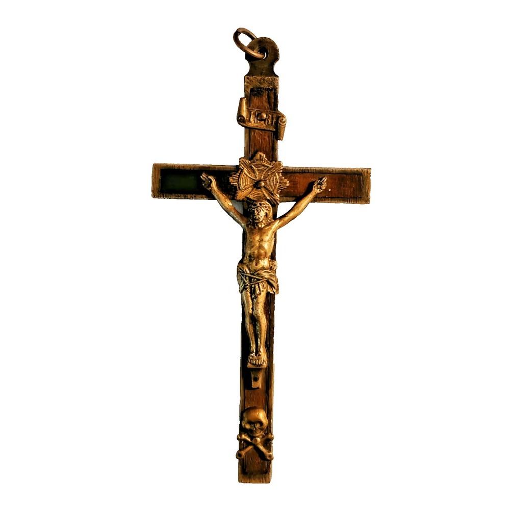 Antique French Pectoral Cross 5 inch Ebony Bronze Habit Crucifix Memento Mori